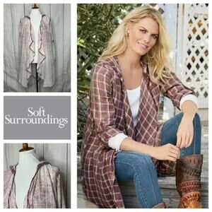 Soft Surroundings  Lightweight Plaid Hooded Top Size S‎